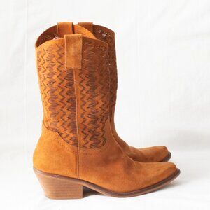 Anthropologie Cut-Out Suede Western Cowboy Boho Boots Mid Calf Brown Sz 6.5 250$